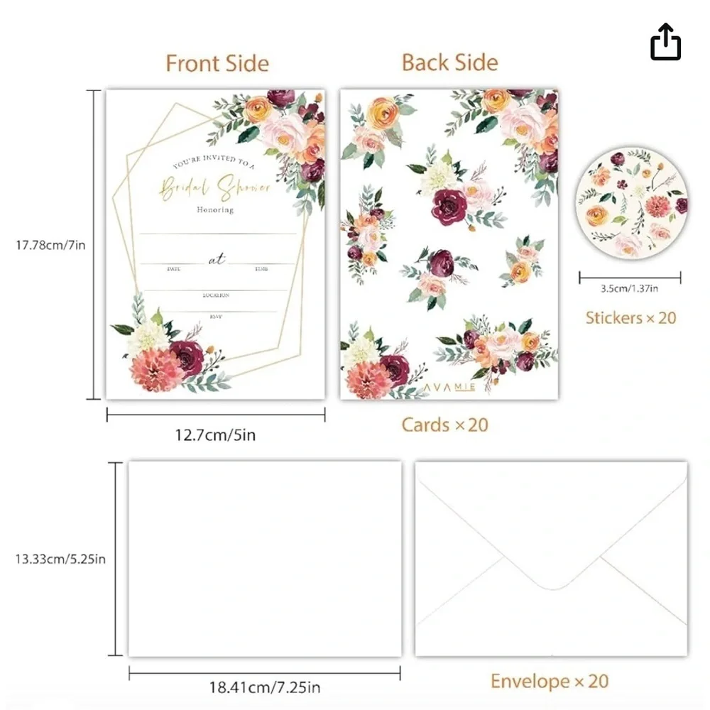 20 Floral Bridal Shower Invitations With Envelopes